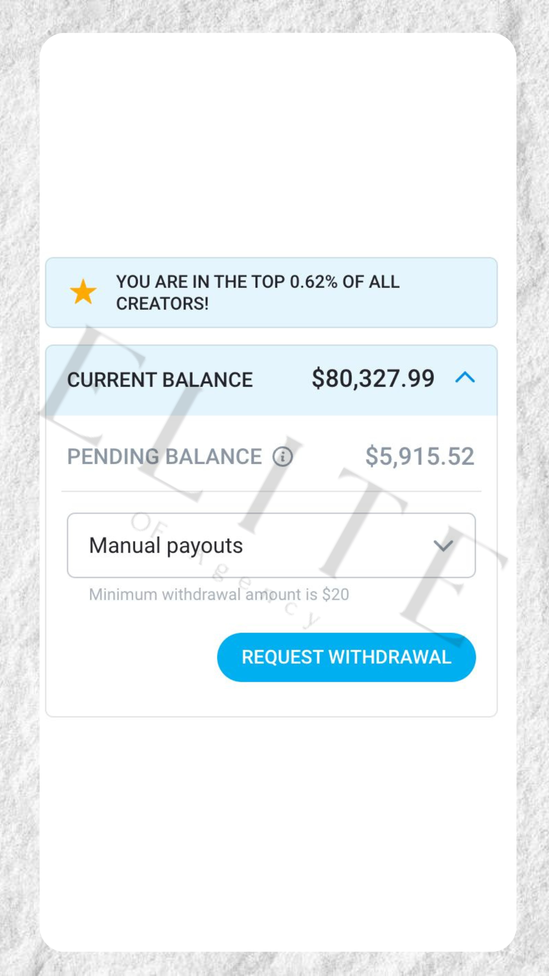 Balance mensual de $80,327 en cuenta OnlyFans gestionada por Elite Agencia